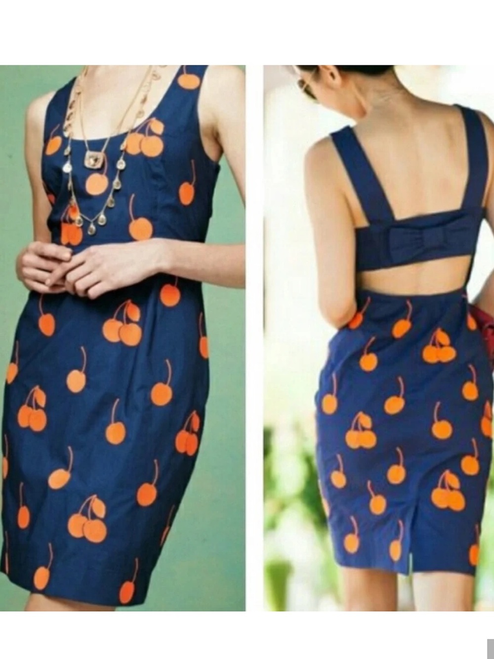 Anthropologie Leifnotes Summer Embroidered Cherry Navy Orange Cutout Bow-12